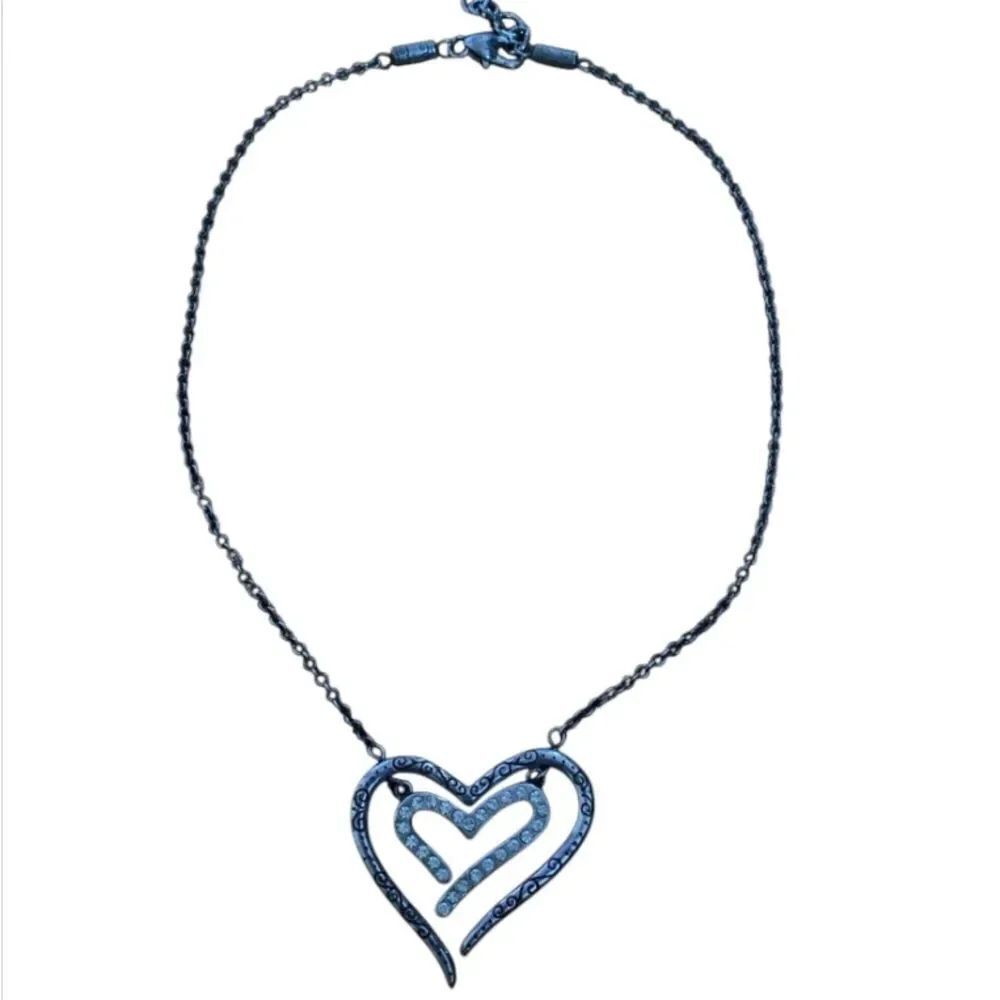 Brighton Double Heart necklace vtg rare silver with rhinestones y2K B7